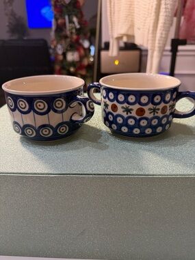 Handcrafted Blue Ceramic Mugs — ok Pair with Decorative Dot Pattern